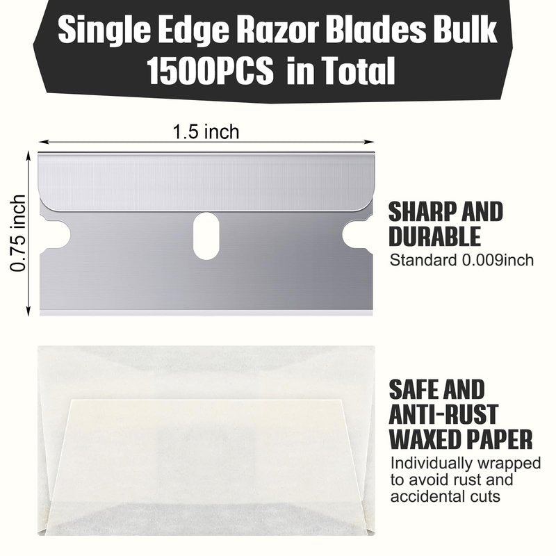 Lasnten 1500 Pack Single Edge Razor Blades High Carbon Steel Individually Wrapped 1.5" x 0.75" Replacement Scraper Blades for Removing Paint Labels Stickers & Decals