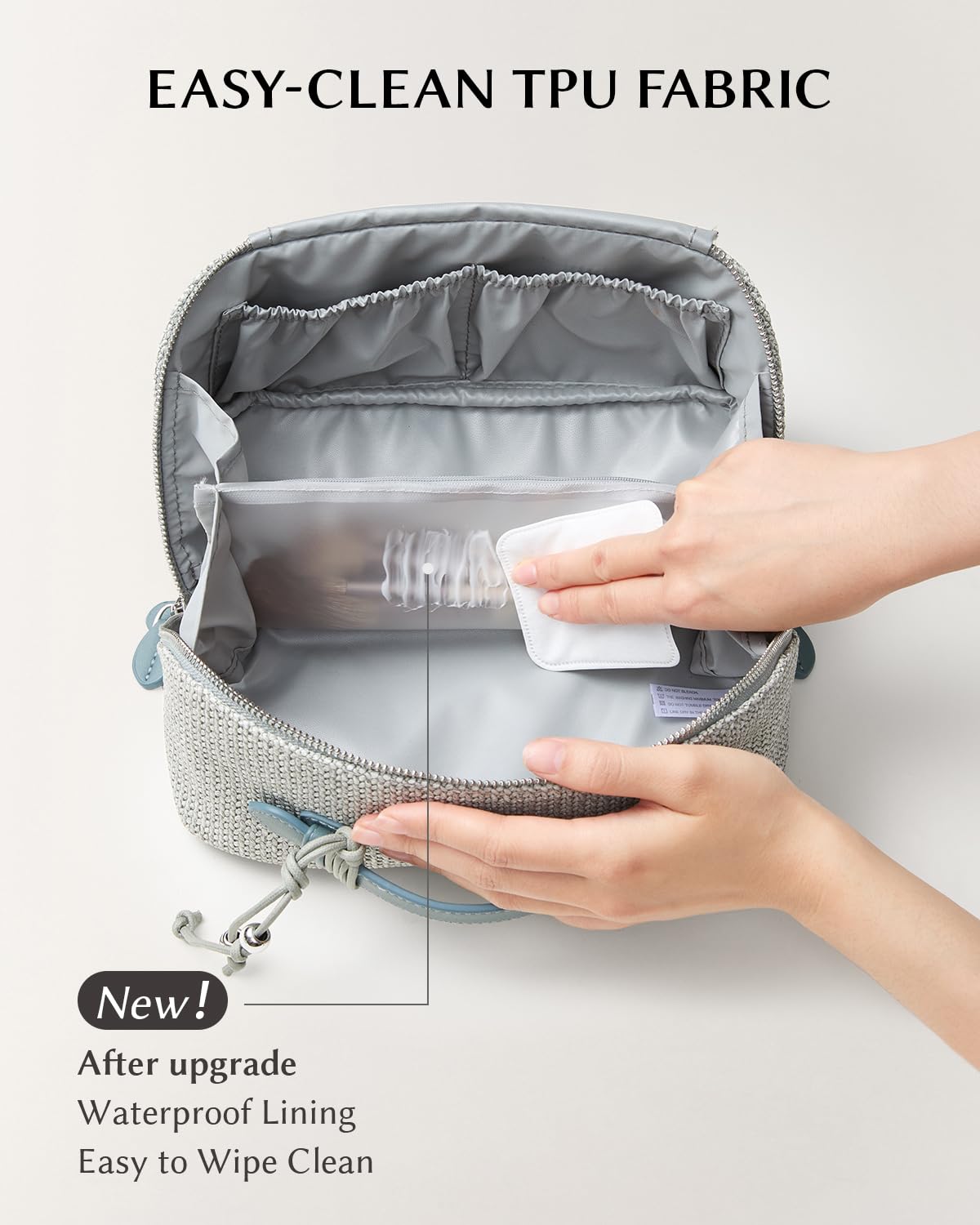EACHY Travel Makeup Bag, Woven Travel Toiletry Bag, Portable 180° Wide-Open Flat Cosmetic Bags for Women, Large Capacity Makeup Pouch with Divider and Handle