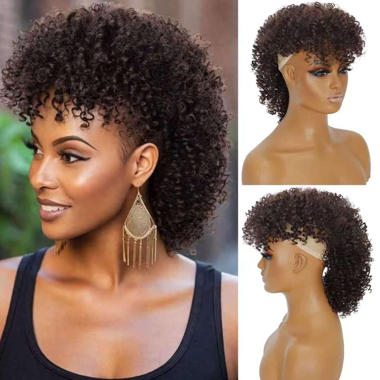 Mohawk Wig Kinky Curly Dark Brown Ponytail Extension with Bangs,Short Curly Synthetic Clip in Mohawk Ponytails with Six Clips and Two Combs Fluffy Natural Hair for Daily and Party Use 33#