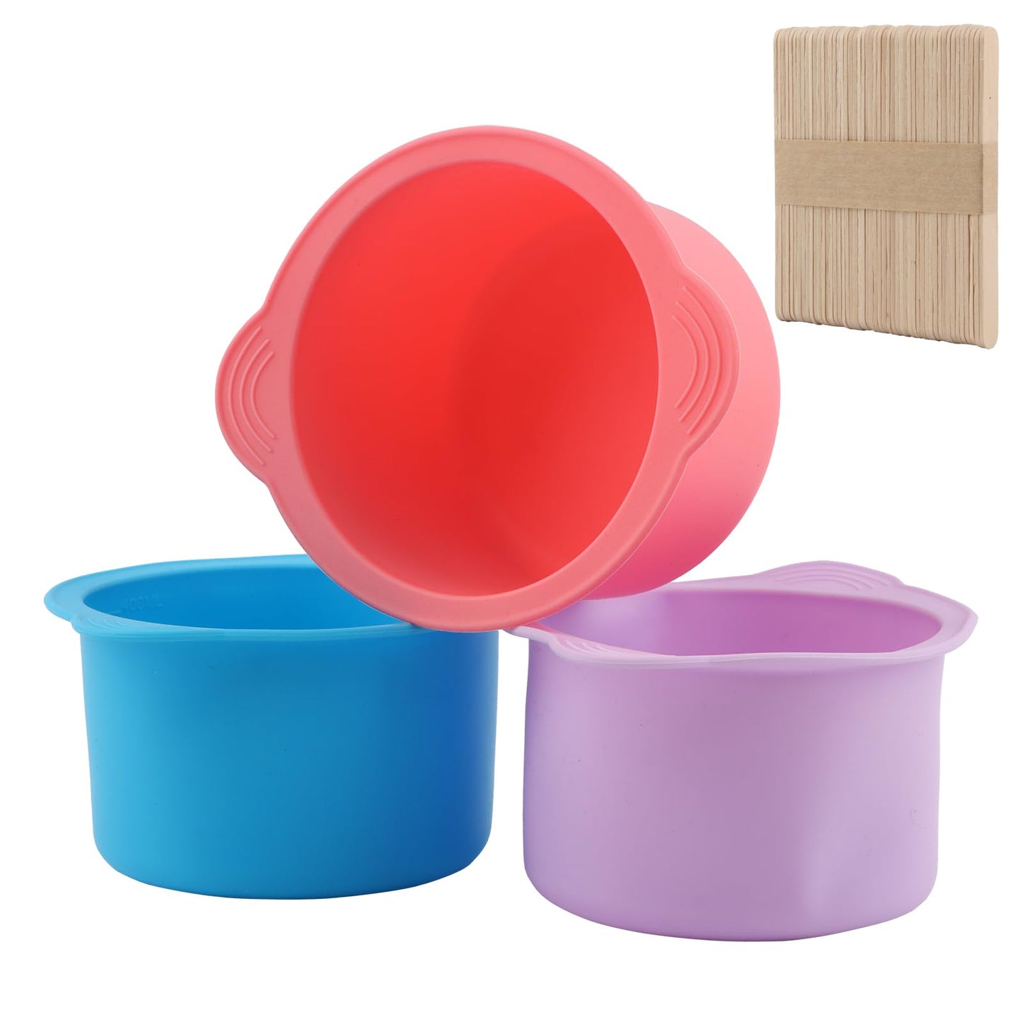 Silicone Wax Warmer, 3pcs Reusable Silicone Wax Bowl for Waxing Replacement Non-Stick Easy to Clean Wa-x Pot Replacement with 50 Pcs Spatula Sticks for Hair Removal