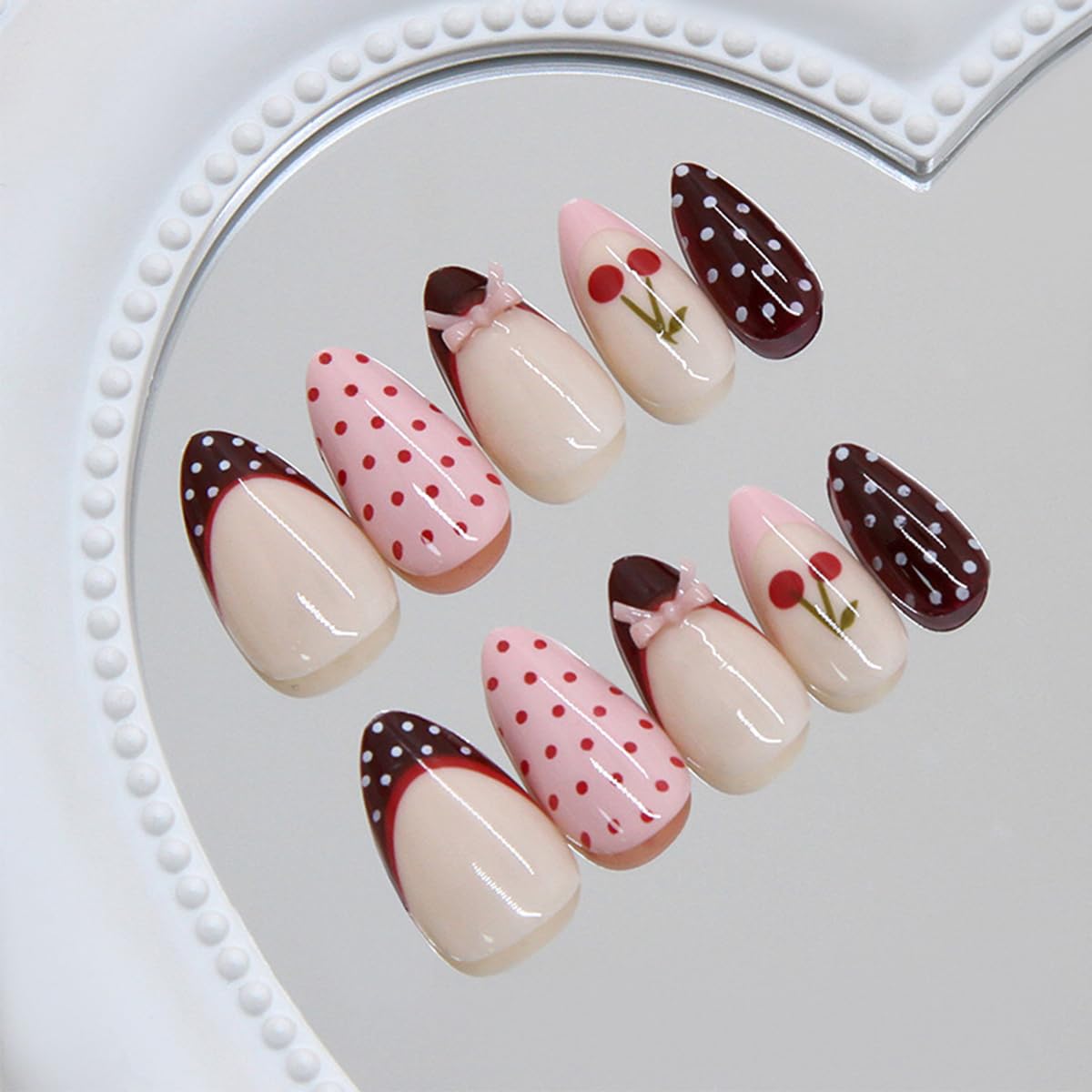 24Pcs Polka Dot Cherry Press on Nails Medium Almond Shape Fake Nails with Bow Design Glossy Red Pink French Tip False Nails Reusable Handmade Acrylic Stick on Nails for Women Girls Manicure