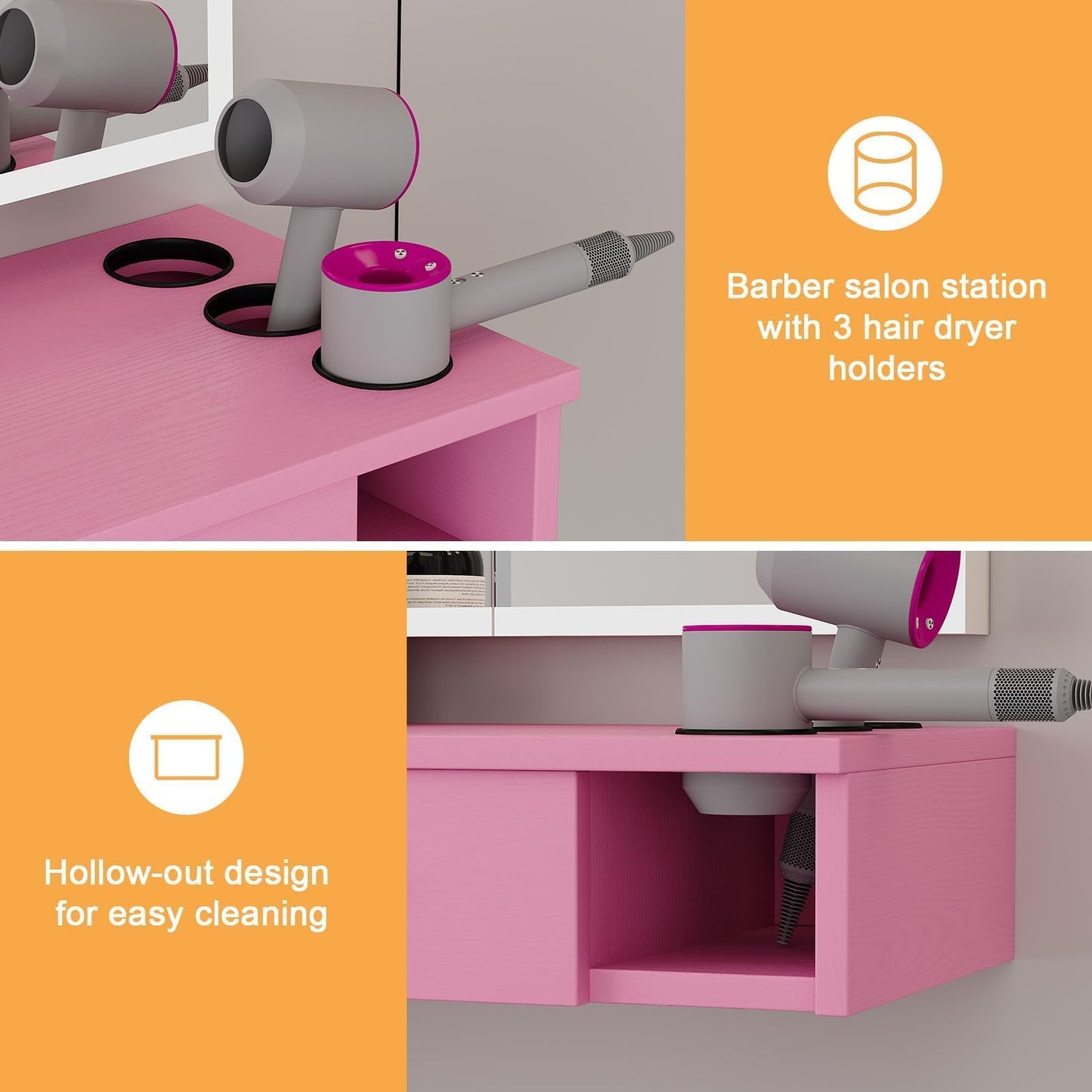 Salon Stations for Hair Stylist, Wall Mount Barber Station with Barber Cabinet, Hair Station Equipment Hair Dryer Holder, Drawers, Storage Cabinet for Hair Styling, Mirror not Included, Pink