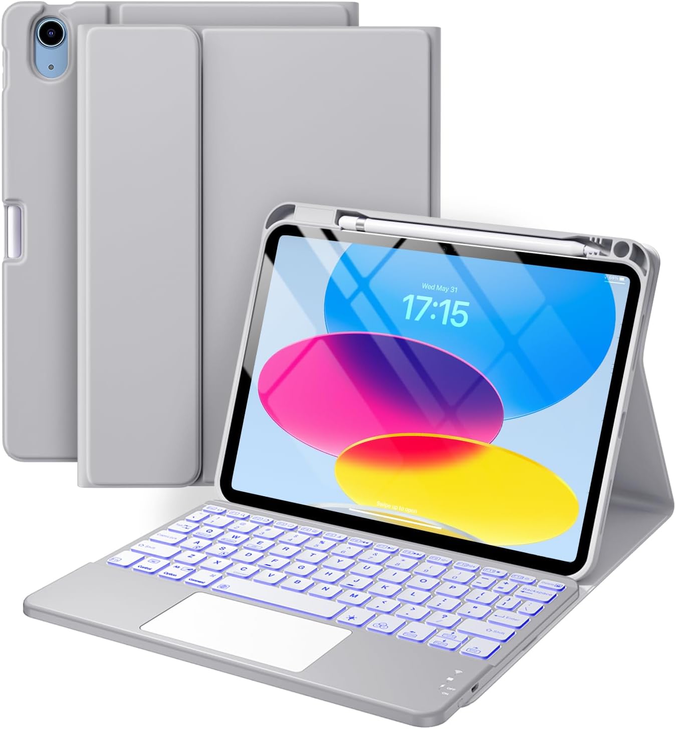 iPad 11th & 10th Gen Case with Keyboard - Folio Cover, Pencil Holder, Multi-Touch Trackpad, 7 Color Backlit | Navy Blue