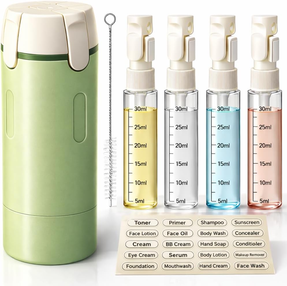 Travel Bottles for Toiletries - 4-in-1 Leak-Proof Pump Dispenser | Compact No-Spill Containers (Green)