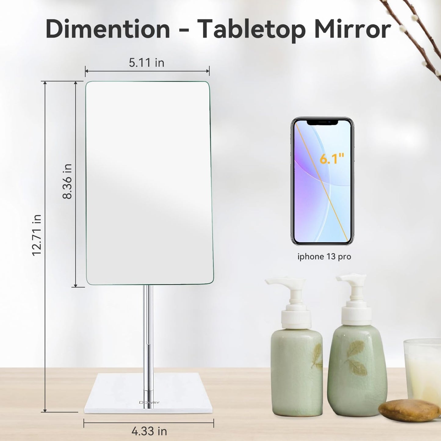 DOWRY 8-Inch Adjustable Makeup Mirror - 3X Magnification, Polished Chrome Finish | Perfect Gift for Women and Teens