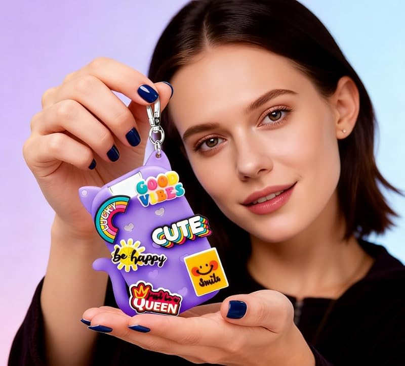 Purple Cat-Shaped Silicone Hand Sanitizer Case for Touchland 30ml with Charms & Keychain