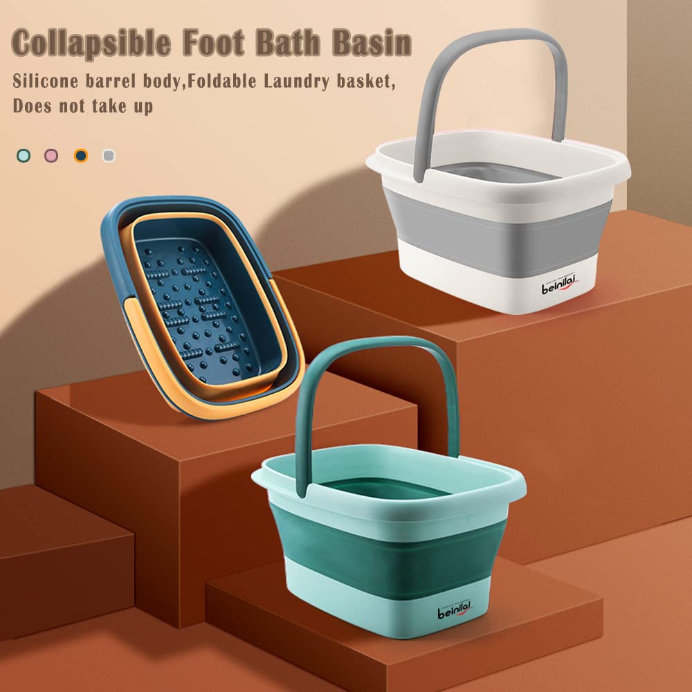 Collapsible Foot Bath Basin - Soaking Tub with Handles & Acupoint Massage | Foldable Plastic Bucket - Gray