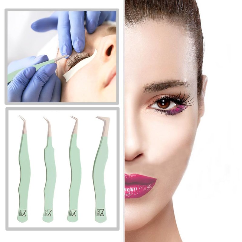 M LASH Tweezers for Eyelash Extensions (Set of 4) - Professional Lash Extension Tweezers - Fiber Tip, Japanese Steel, Diamond Grip Eyelash Extension Tweezer set (PW)