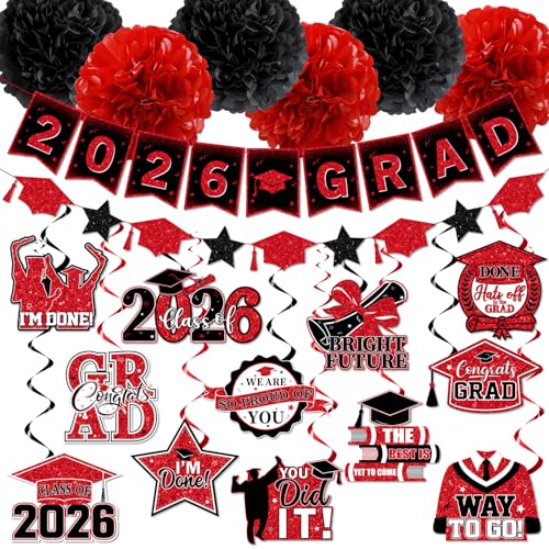 Class of 2026 Red and Black Graduation Decorations Set