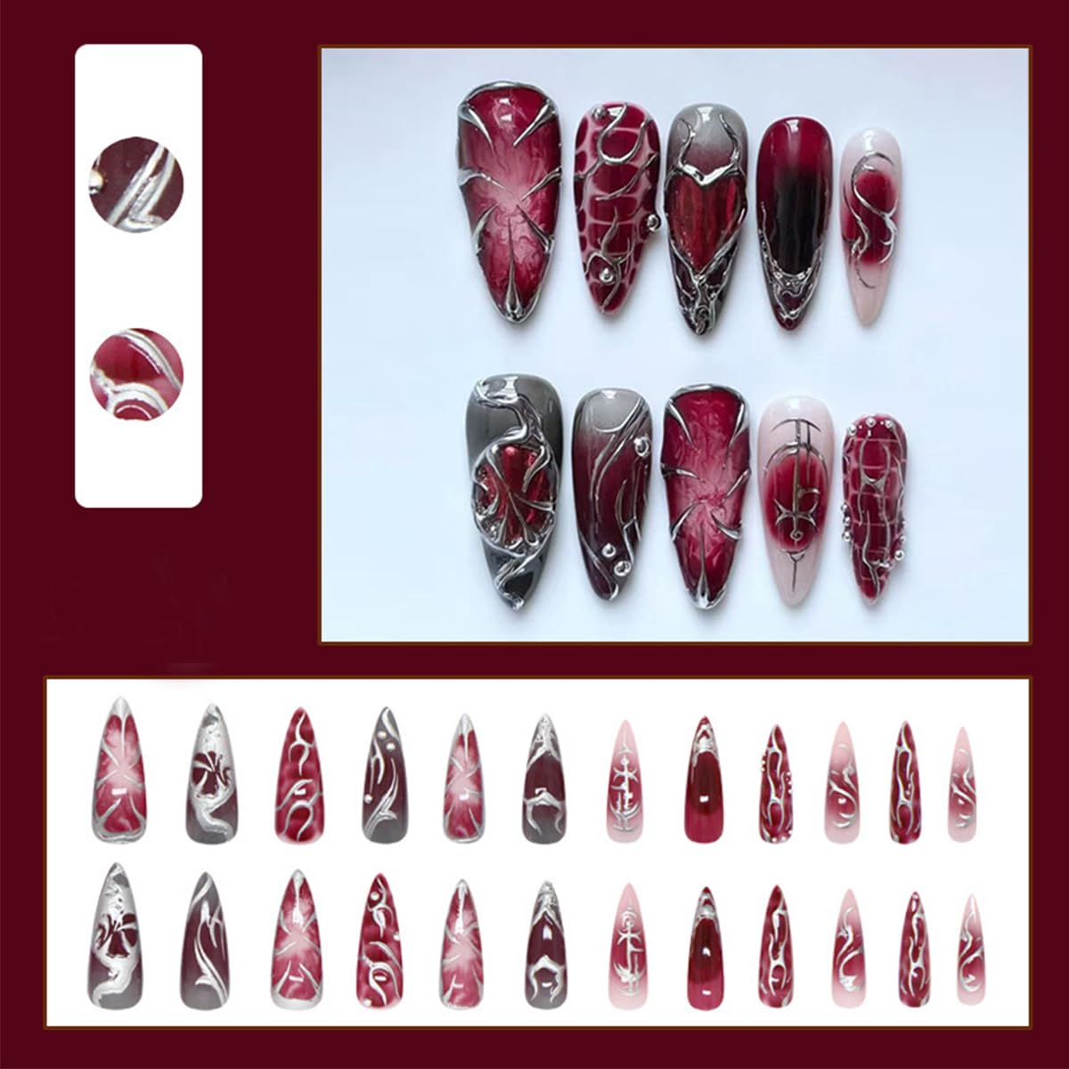 Gothic Press On Nails - Long Stiletto Acrylic Nails with 3D Metal Balls | Dark Red Gradient, 24 Pcs