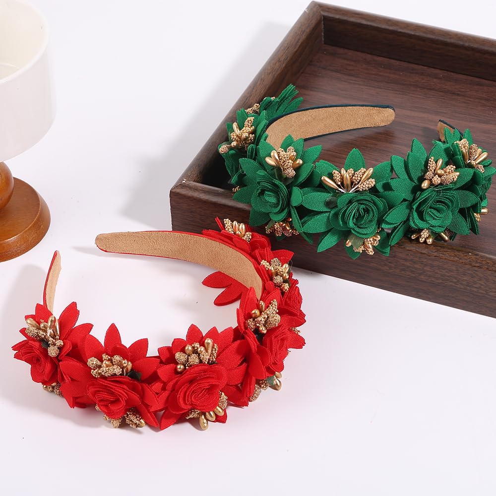 TURTLEDOVE Red Green Rose Fairy Headband, Baroque Chunky Flower Headbands for Women, Flower Fairy Accessories with Gold Accents