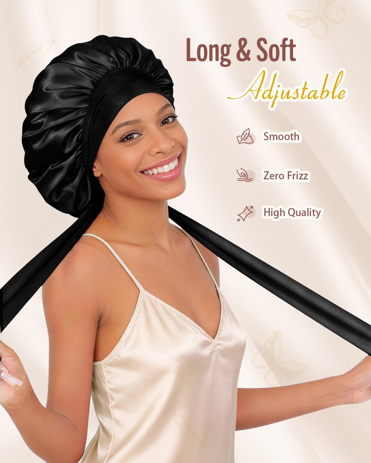 BONNET QUEEN Double Layer Silk Bonnet for Sleeping for Women Satin Bonnet Night Sleep Cap Wrap for Curly Hair with Adjustable Tie Band,Black