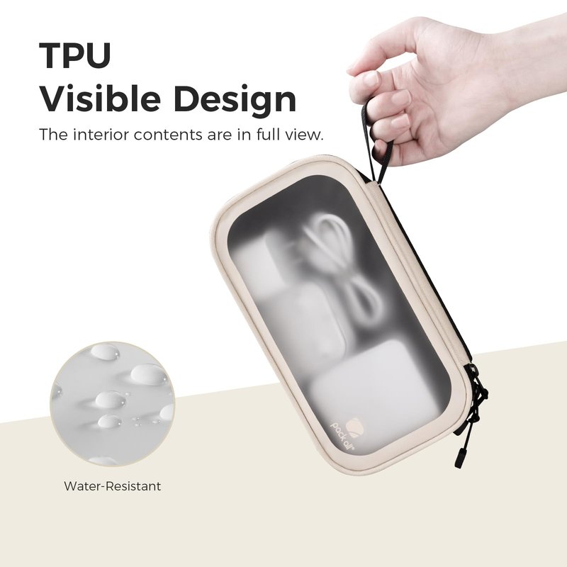 pack all Clear Electronic Organizer, TPU Cable Organizer Bag, Compact Cord Travel Organizer for Cables, Chargers, Phones, USB cords, SD Cards (Beige)