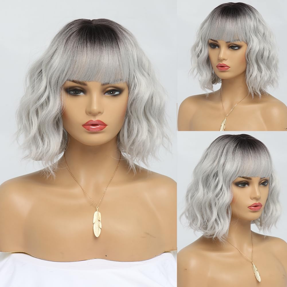 Ombre Grey Wavy Bob Wig for Women - Short Synthetic Hair with Bangs | 14 Inches, Dark Roots