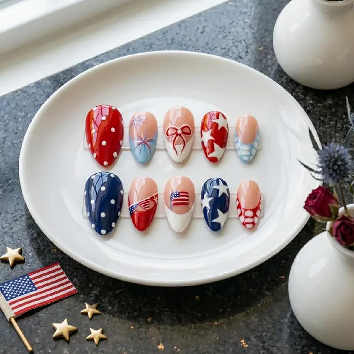 Patriotic 4th of July Press-On Nails - Short Almond French Tips | 30 Pcs Red, White & Blue with Star & Bow Designs