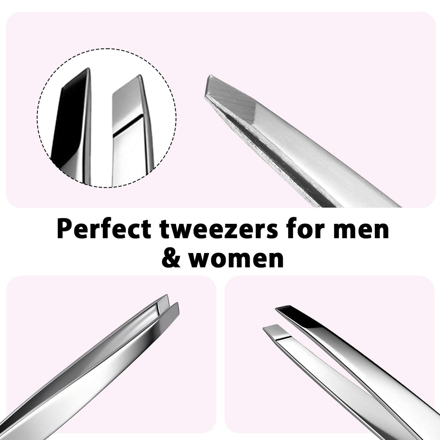 2 PCS Precision Slant Eyebrow Tweezers, Tweezers for Women Facial Hair & Ingrown Hair Removal Silver Stainless Steel Eyebrow Hairs Removal Tweezer with Case for Women Men