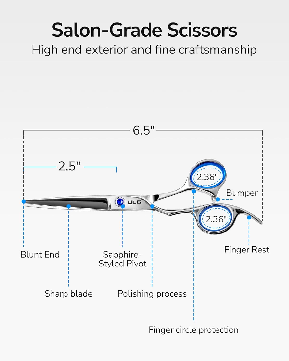 Left-Handed Hair Cutting Scissors - ULG 6.5-Inch Razor Edge Barber Shears | Japanese Stainless Steel, Blue Fingerhole Ring