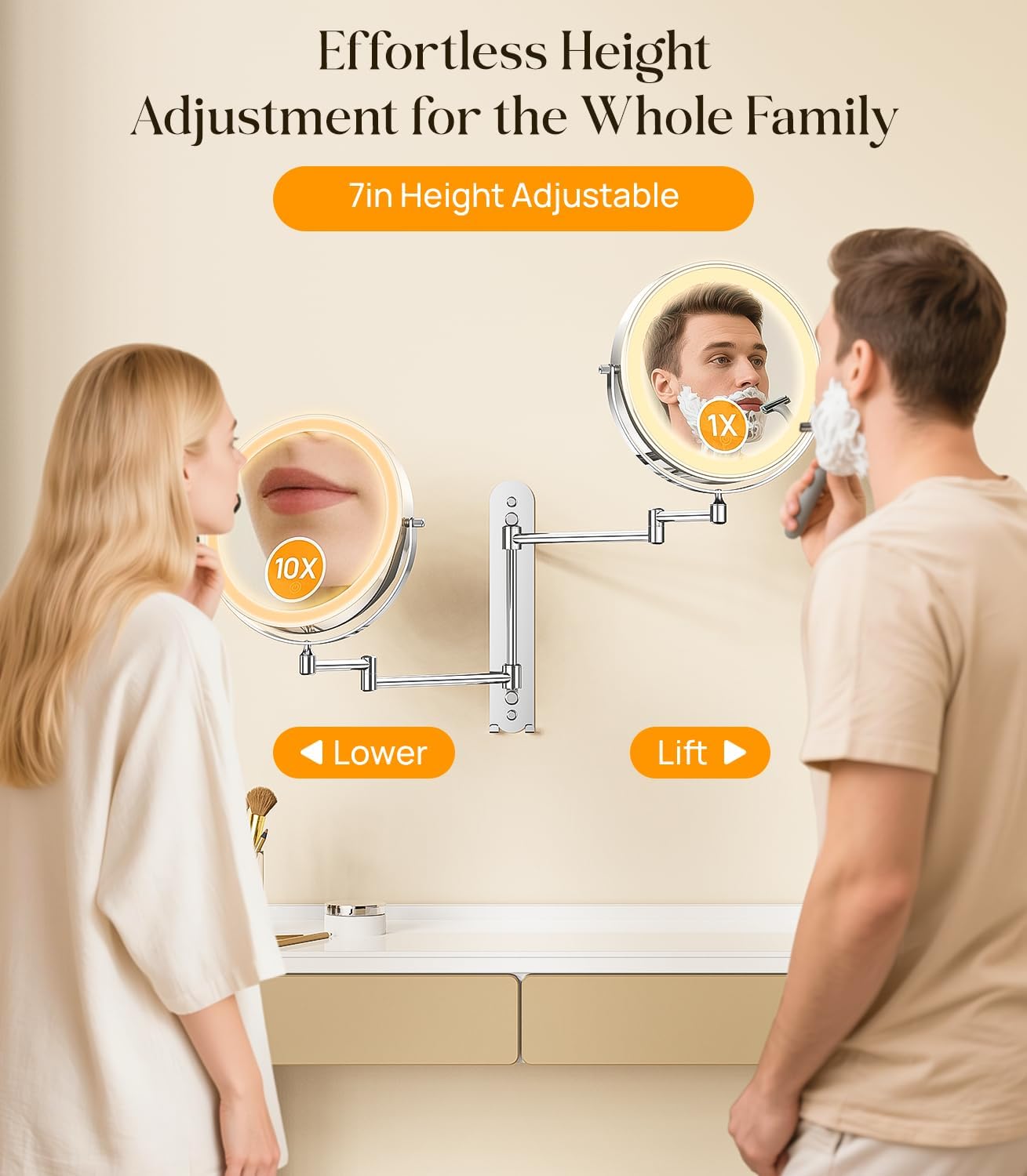 Gospire 9” Wall Mounted Makeup Mirror - 10X Magnification, Adjustable Height, Chrome Finish | 360° Swivel Design