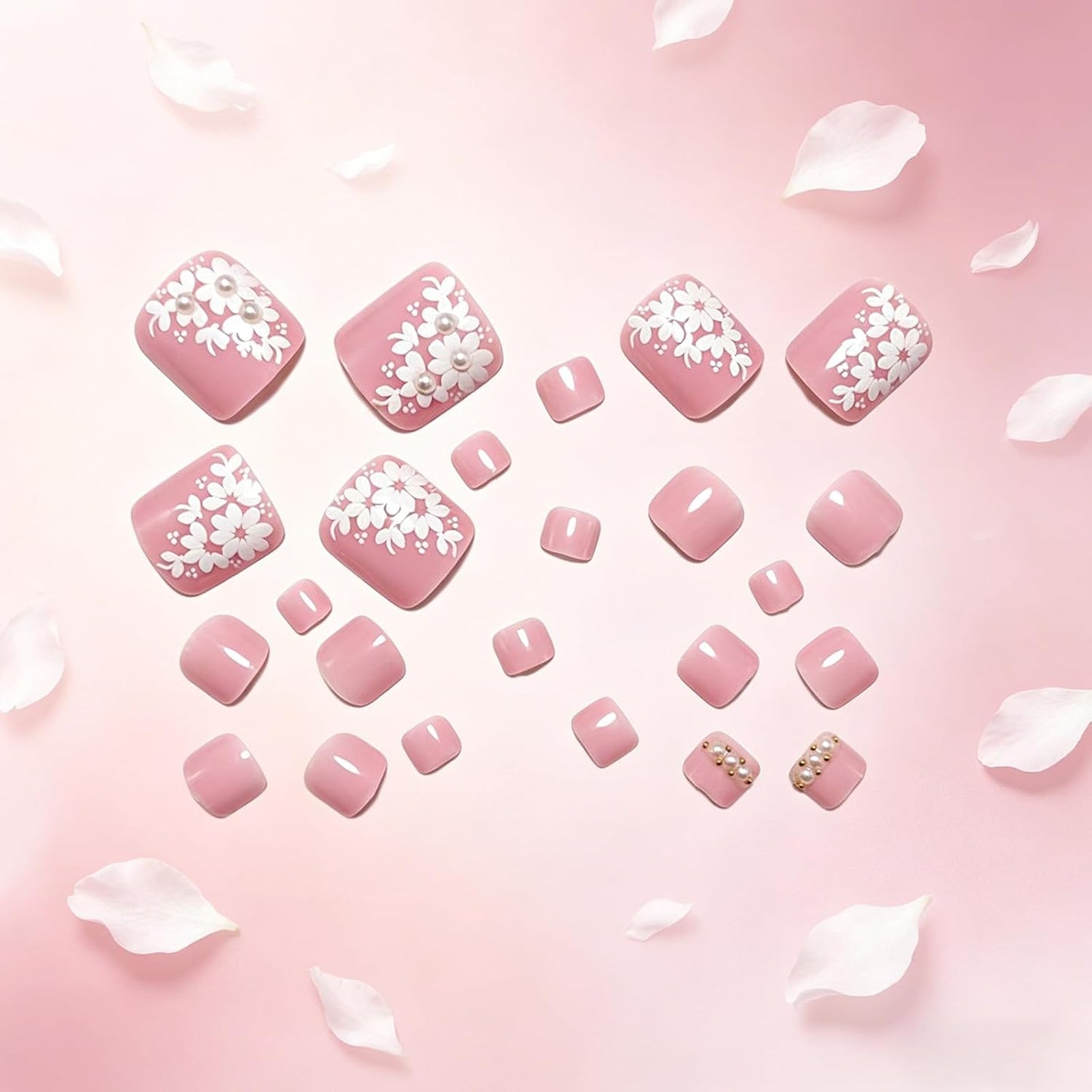 Floral Press-On Toenails - Short Square Acrylic Toe Nail Tips with 3D Flower Designs | 24 Pcs Glossy Pink Reusable