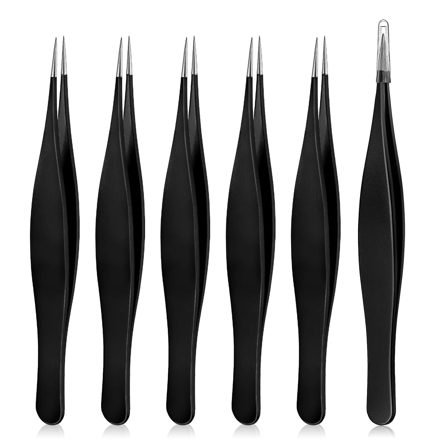 Honoson 6 Pieces Tweezers for Ingrown Hair Remover Pointed Blackhead Remover Point Tip Tweezers Stainless Steel for Nose Facial Hair Eyebrow and Shards(Black)