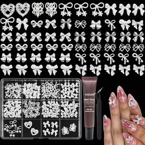 YAEISM Silver Bow Nail Charms Kit 92PCS for Manicure & DIY Nail Art