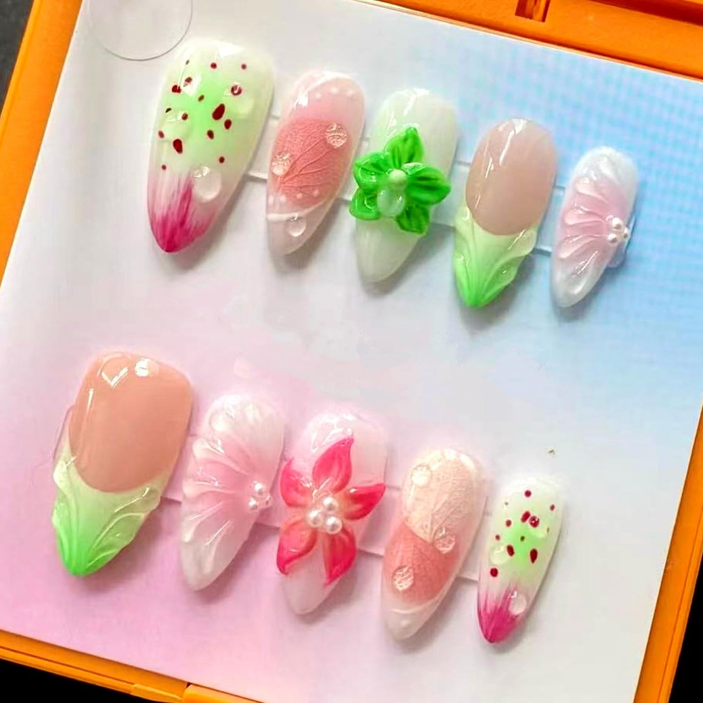 Almond Press On Nails - 30Pcs Medium Fake Nails with 3D Floral Art | Red French Gradient Acrylic for Women