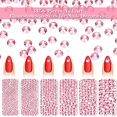 Bememo Pink Crystal Rhinestones Flatback 6 Sizes 3456 pcs Nail & Craft Decor