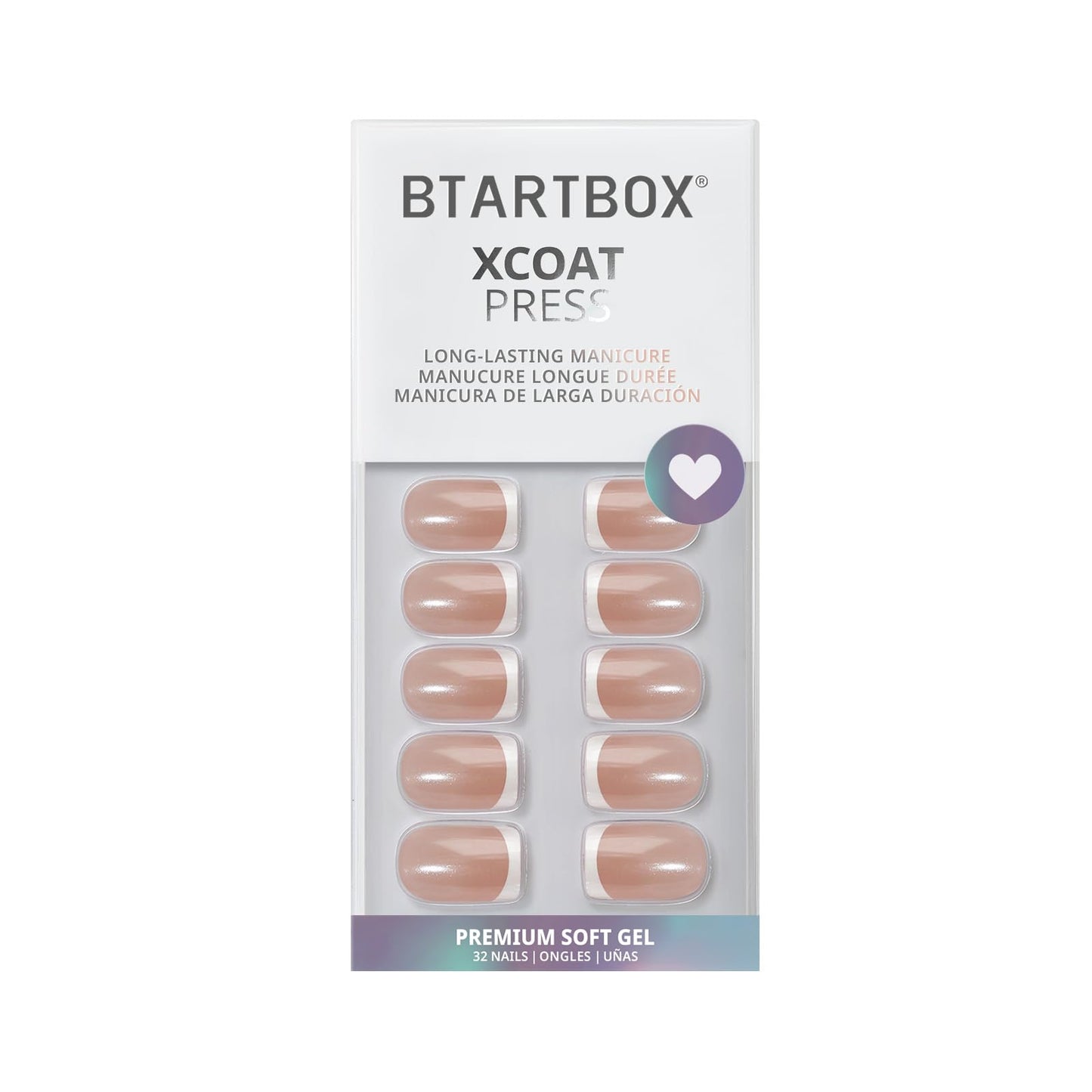 BTArtbox Press On Nails Short - Lamp-Curable Chrome French Tip Square Press On Nails with Glue for Women, Semi-Transparent Soft Gel Glue On Nails in 16 Sizes - 32 Stick On Nails Kit, Evening Attire