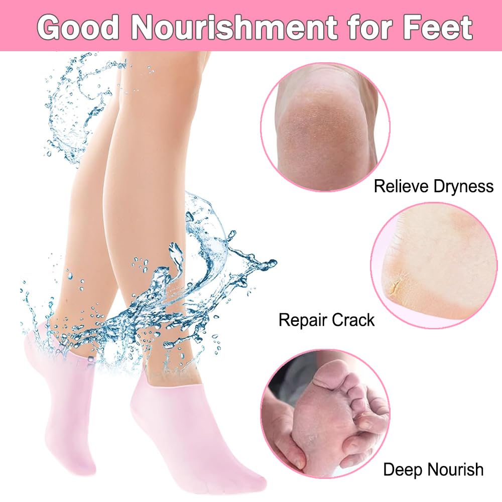 2 Pairs Silicone Socks for Dry Cracked Feet Women Silicone Moisturizing Socks for Women Foot Care After Pedicure Aloe Infused Spa Gel Socks Foot Covers for Repairing Rough Skin Heels Calluses
