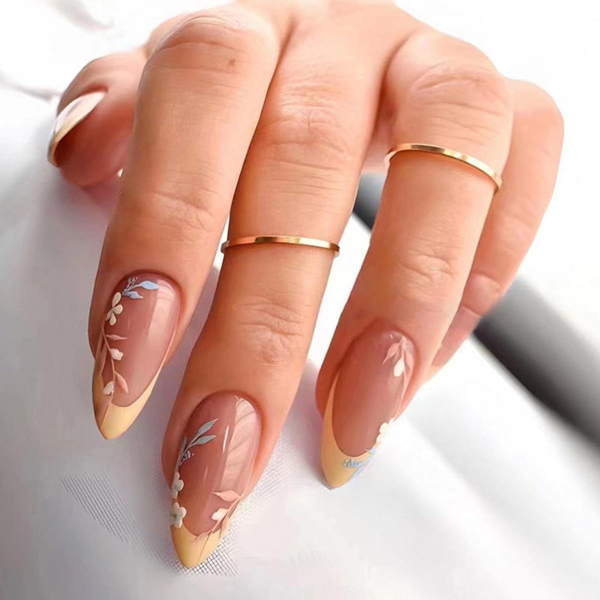 Almond Press-On Nails - Leaf Design Green Full Cover Glossy Fake Nails | 24PCS for Women