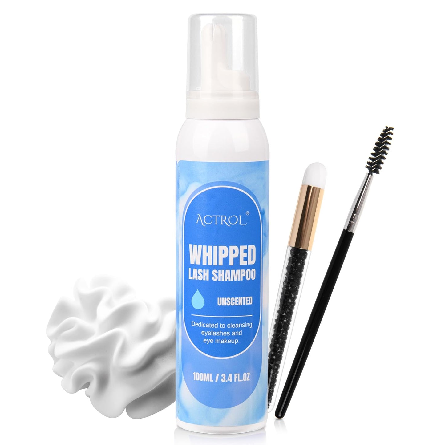 Whipped Lash Shampoo Kit - 100ml Eyelash Cleanser Set with Brush | Unscented Foaming Eye Care