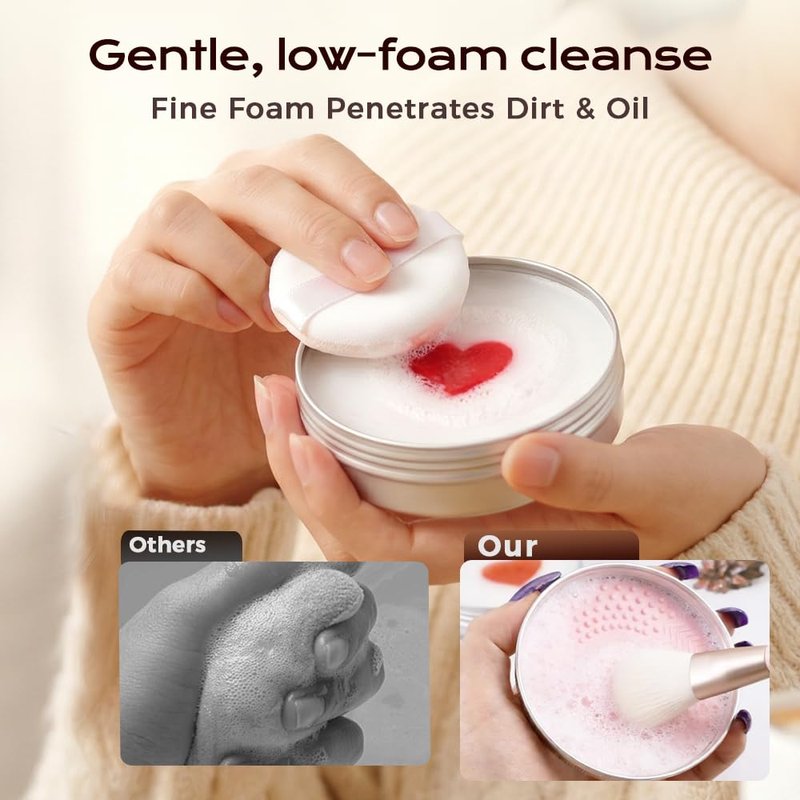 Makeup Brush Cleaner Soap - 2-in-1 Solid Balm with Silicone Cleaning Pad | Deep Clean Waterproof Makeup for All Brushes & Sponges (Heart 100g)