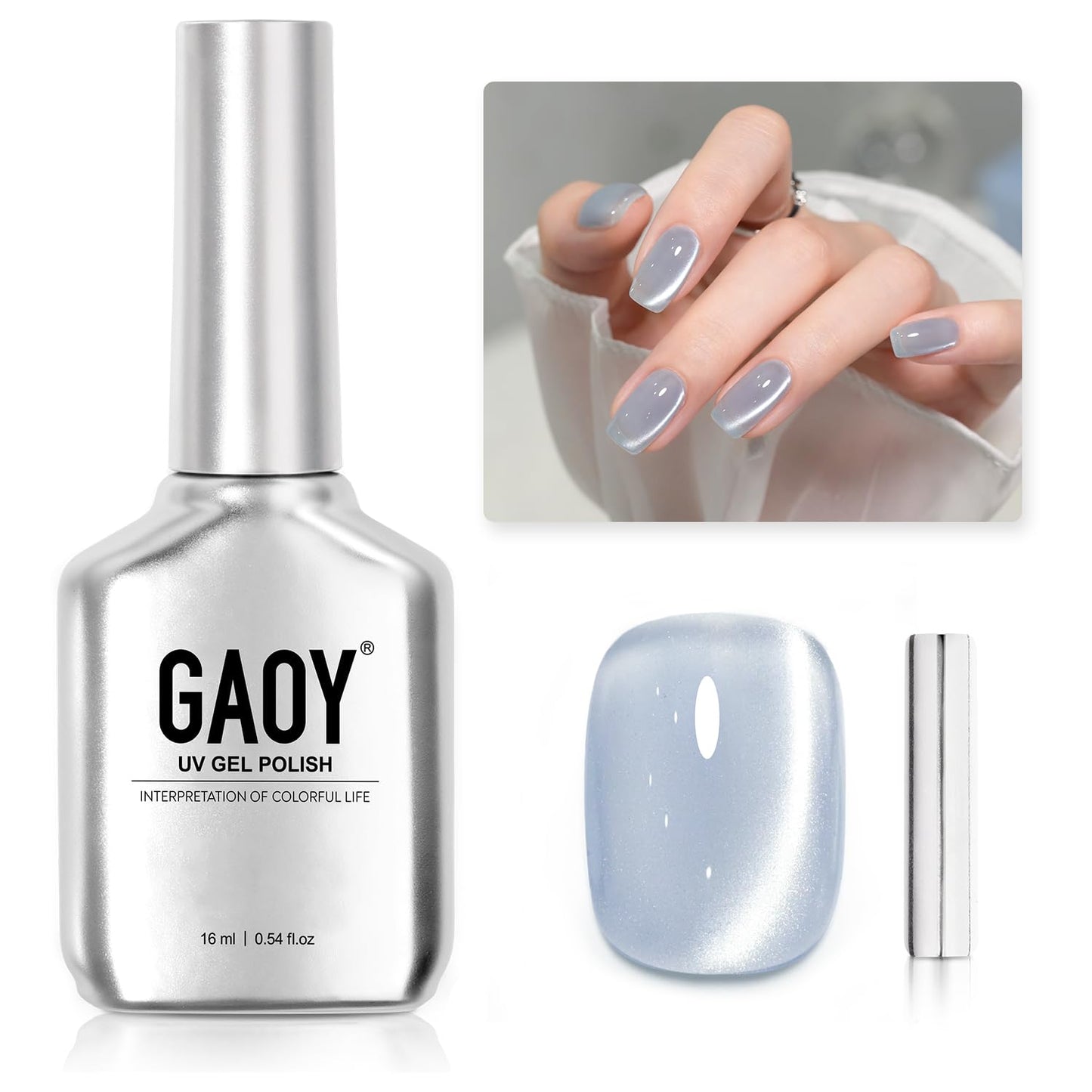 Glassy Cat Eye Gel Nail Polish - 16ml Holographic UV Gel with Magnet | Silvery Moonlight Reflective Finish