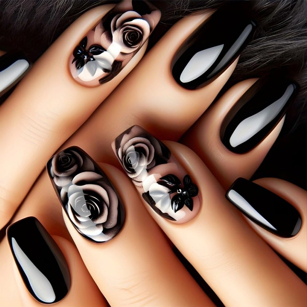 Coffin Shaped Press On Nails - Black Rose Gradient Design | Glossy Acrylic, 24 Pcs