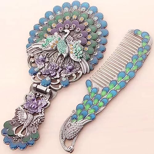 Rayberro Blue Peacock Vintage Handheld Mirror & Comb Set