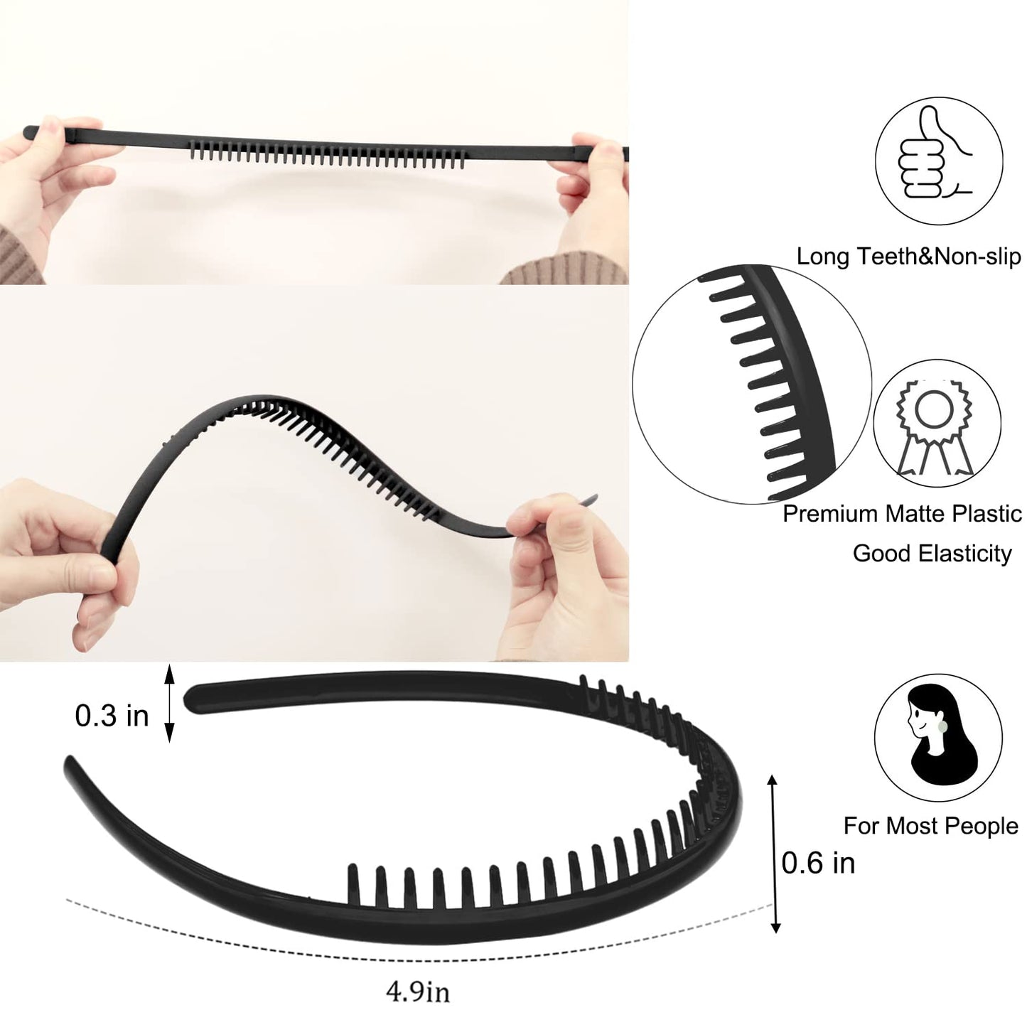 LAPOHI 8 PCS Non Slip Fashion Effortless Plastic Headbands with Teeth Comb Skinny Hair Accessories Bands for Women Men Teen Girls, Short Teeth Matte Black