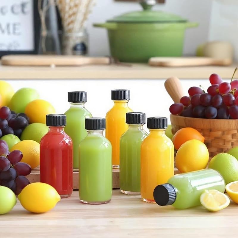 12 Pack 2oz Glass Boston Round Bottles with Lids for Ginger Shots - Clear Reusable Containers