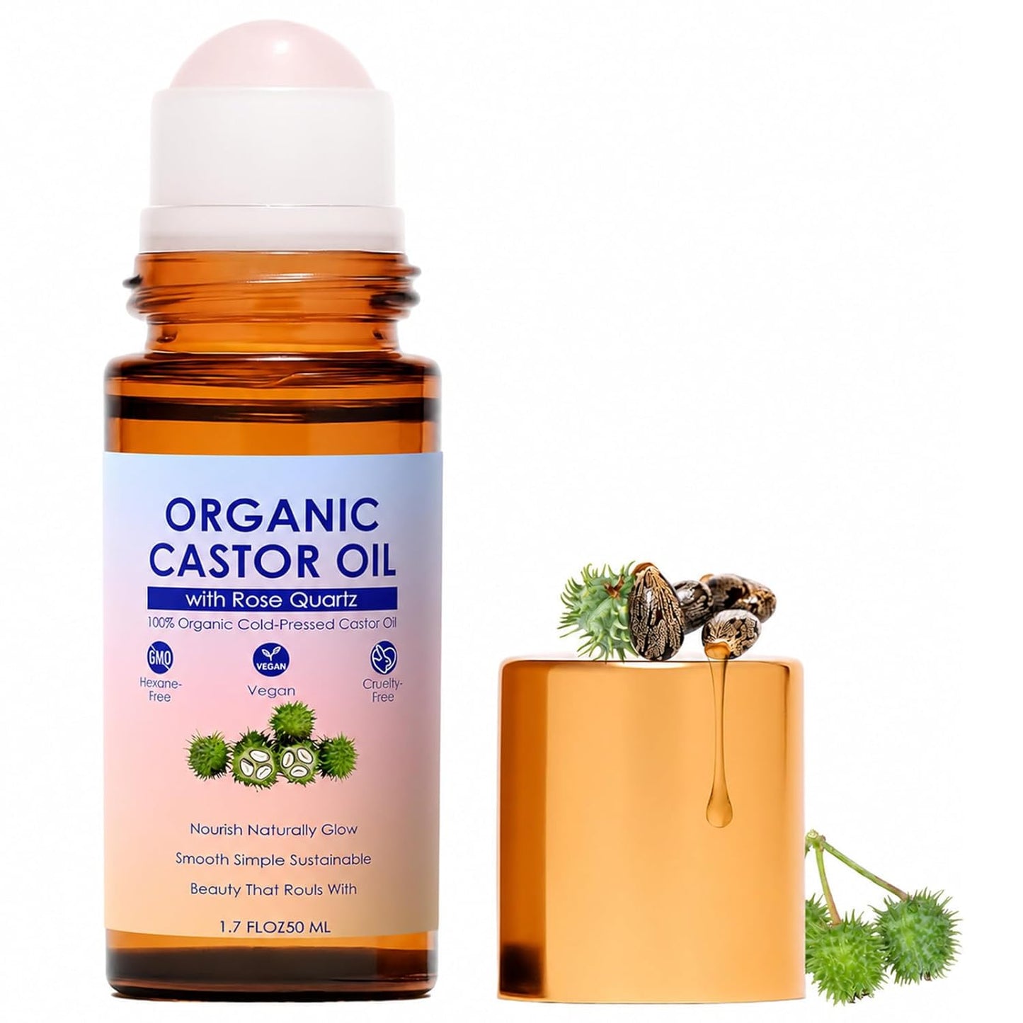 Organic Castor Oil Roll-On with Rose Quartz Roller | 100% Pure Cold-Pressed, Hexane-Free, 1.7oz