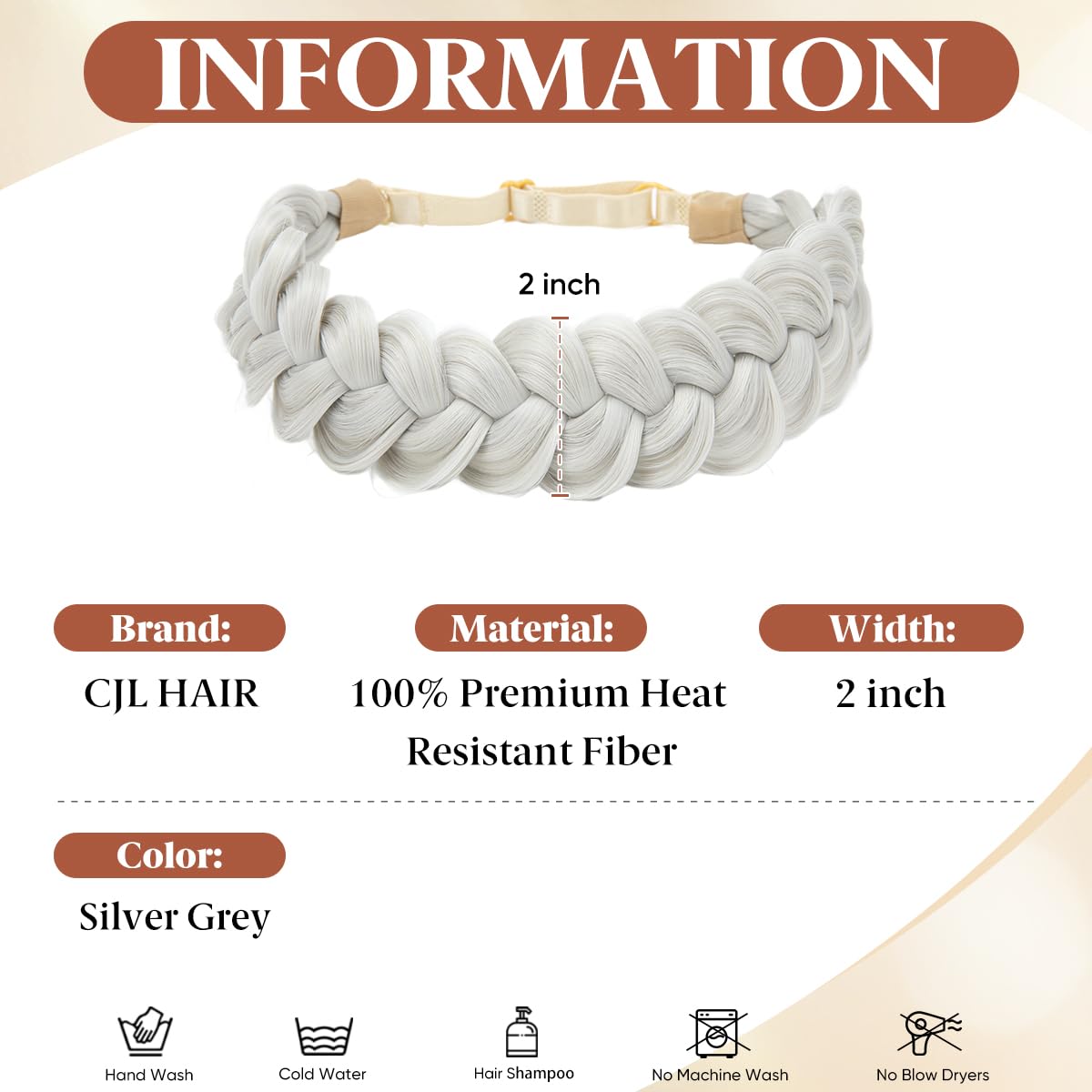 Wide Elastic Braided Headbands for Women - Adjustable Synthetic Hair Hairpiece | Silver Grey