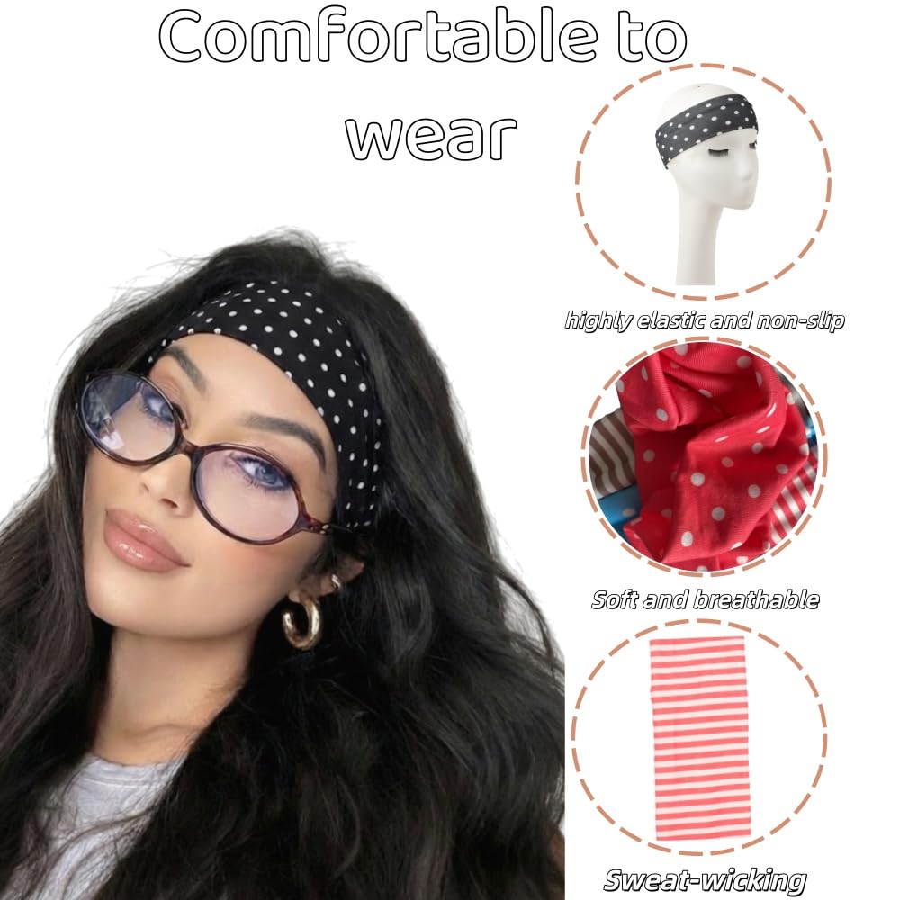 Anvnkl Stripe Headbands for Women 7 Pack Non Slip Soft Fabric Elastic for Girls Daily Cute Hairbands,Women's Fashion Headbands Polka Dot Headband
