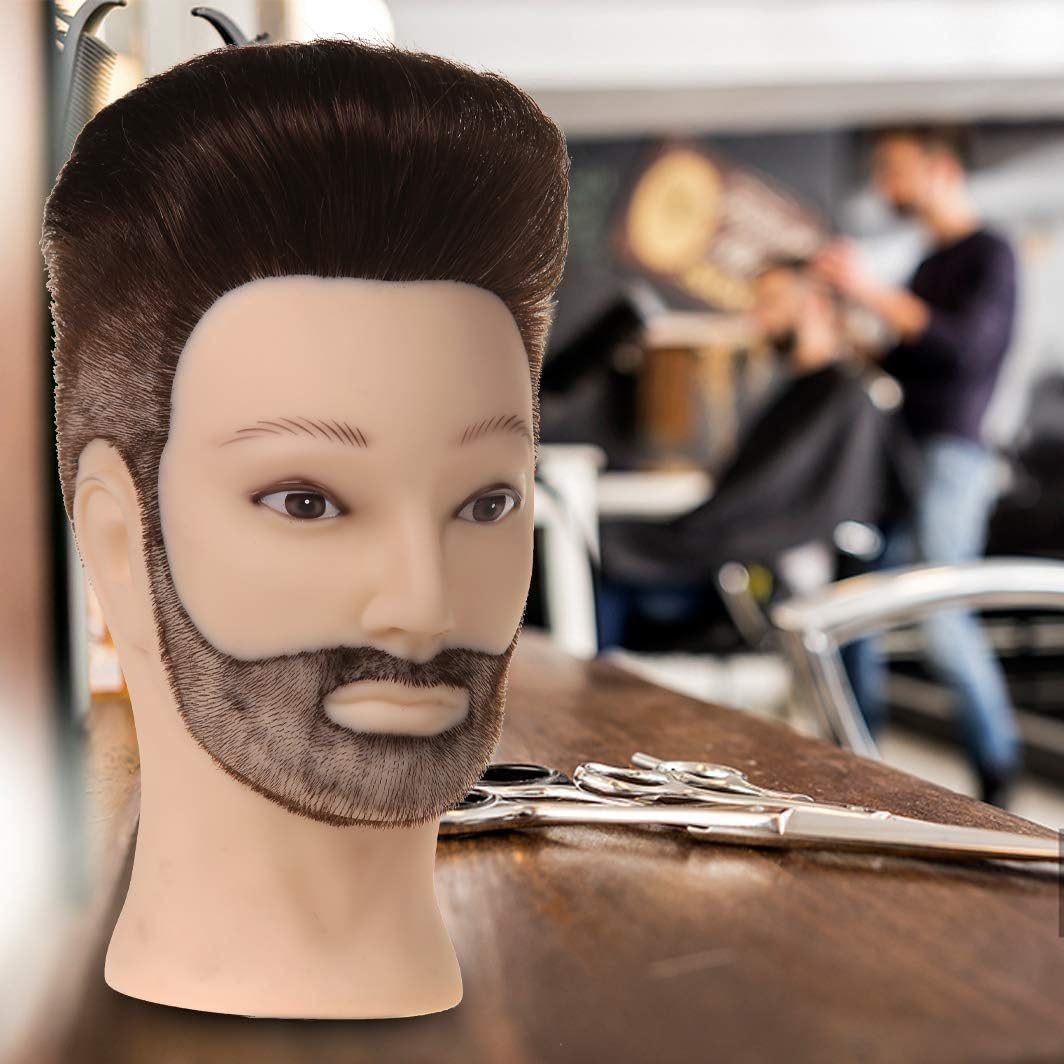 Male Mannequin Head - 14” Barber Training Head with 100% Human Hair | Dark Brown Hairdresser Manikin for Styling Practice