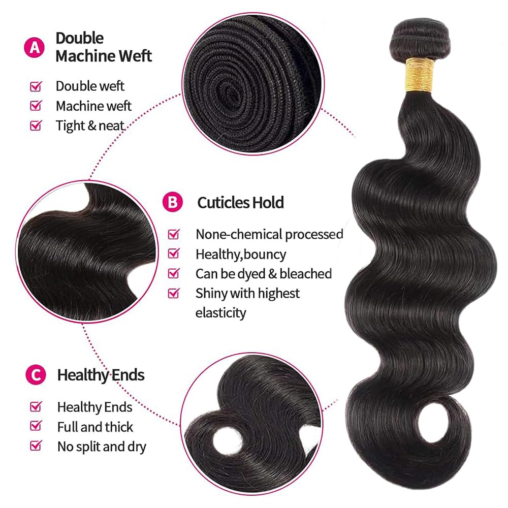 Body Wave Bundles Human Hair 18 20 22 Inch 150g Unprocessed Brazilian Virgin Hair for Women Remy Body Wave Hair Extensions Natural Black Double Weft