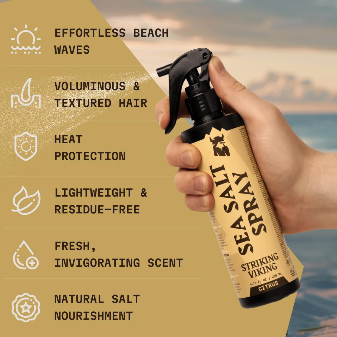 Striking Viking Sea Salt Spray for Men, Citrus Scent, Hair Texturizing Spray - Volumizing, Curl Enhancing, Shape & Hold, 6.76 fl Oz, Paraben Free, Made in Germany
