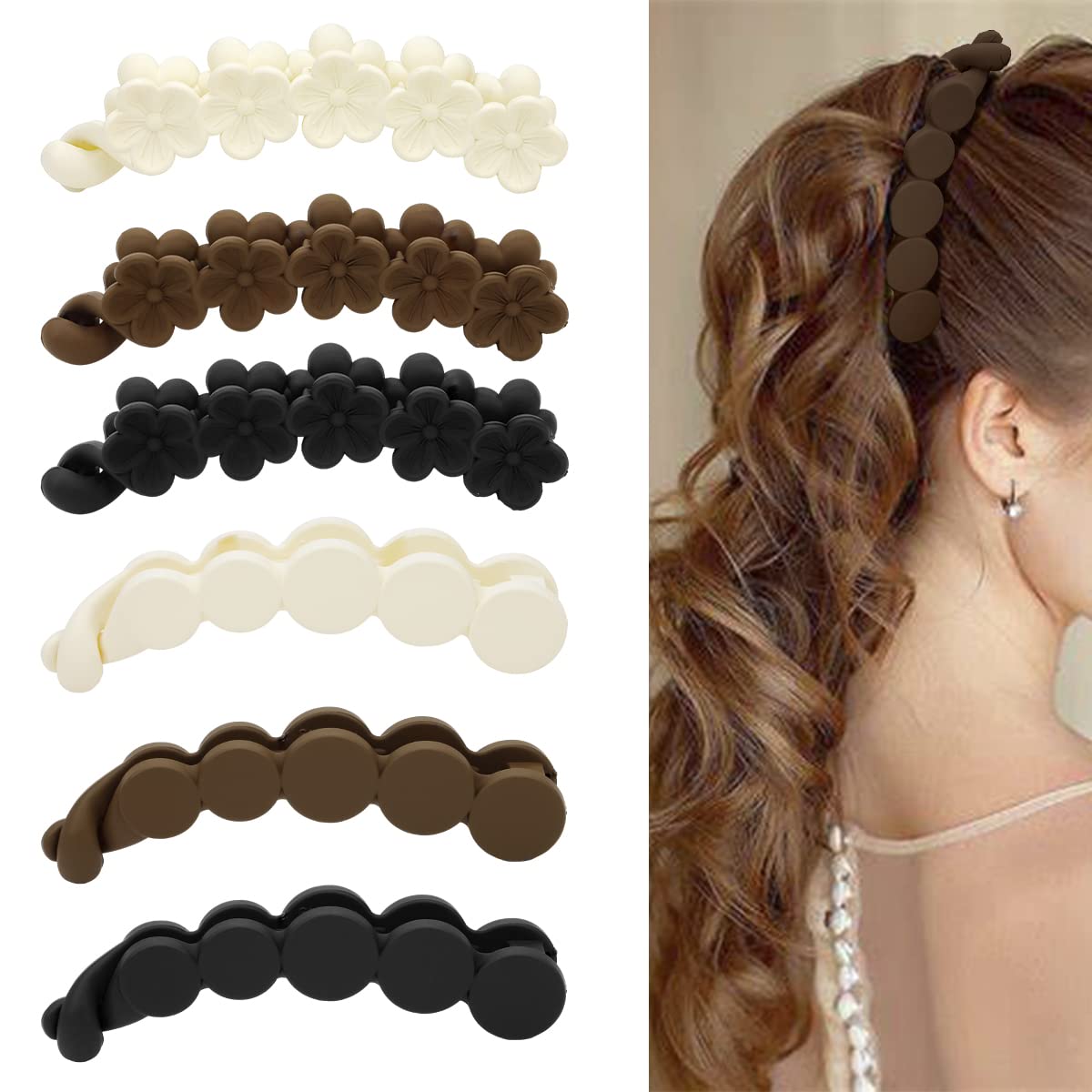 Hair Clips - 6PCS Bow Oval Banana Clips for Medium Thin Hair | 4.1 Inch Matte Strong Hold Half Ponytail Accessories