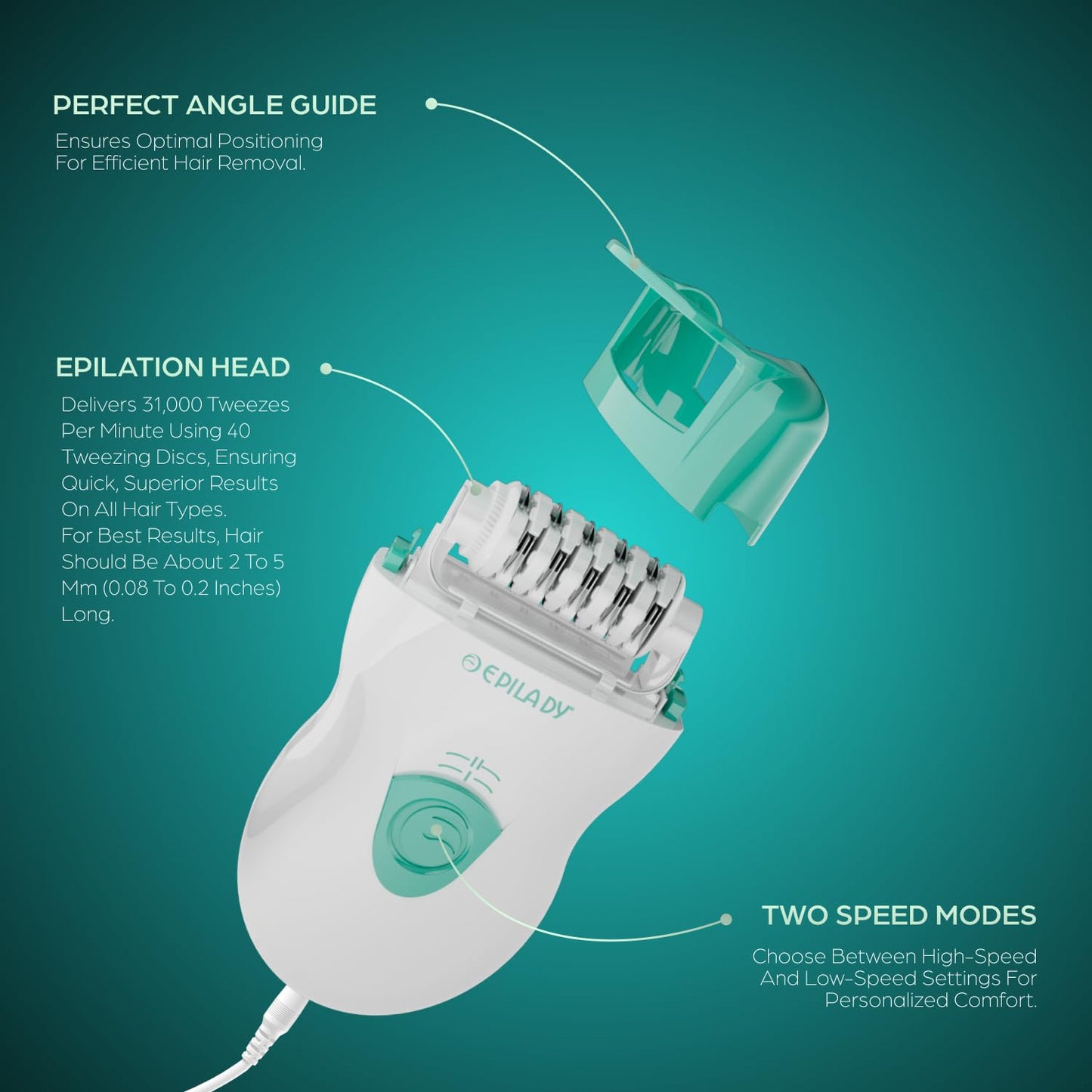 Epilady Speed Corded Epilator for Women – Dual-Speed 40-Disc Root Hair Removal Device for Legs, Underarms and Bikini Area Compact Waterproof Anti-Pinch Design for Smooth Long-Lasting Results
