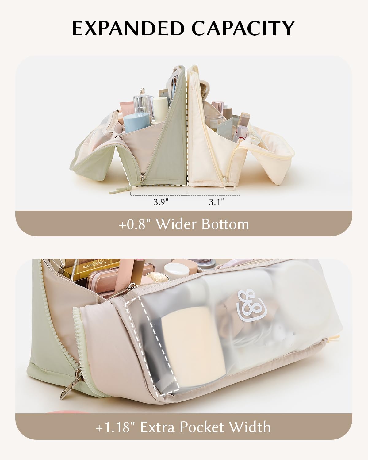 EACHY Standing Makeup Bag - Large Waterproof Cosmetic Bag & Toiletry Bag Organizer with Phone Holder, Detachable Dividers, Wipe-Clean Brush Pouch for Women