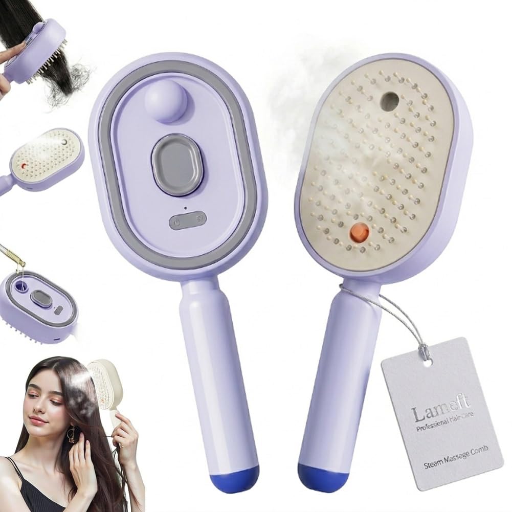 Electric Spray Air Cushion Massage Comb, Steam Brush for Hair, Rechargeable Steam Hair Straightener Brush for Women, Hairs Steamer for Reduce Frizz, Smooth & Nourish, Detangling & Anti-Static(Purple)