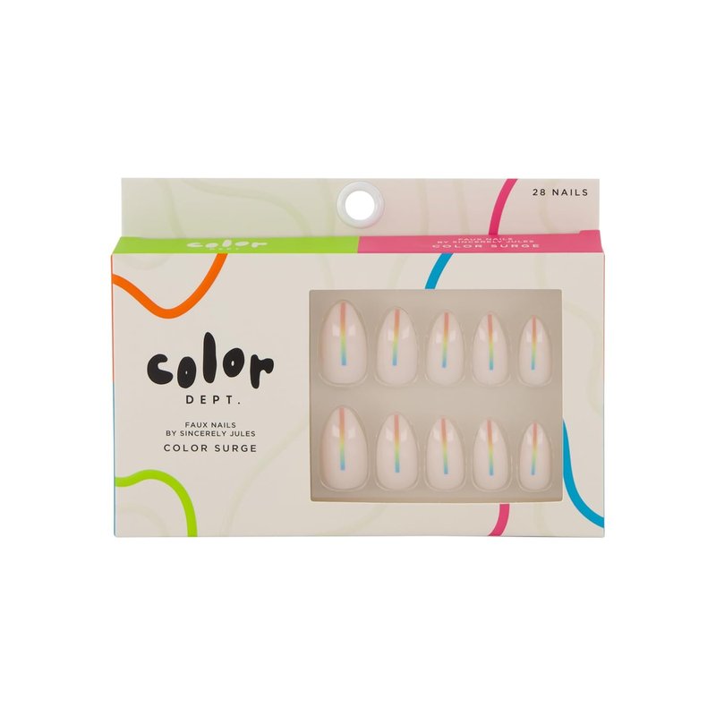 Color Surge Faux Nails - Short Almond Press-On Nails with Pearl Iridescent Finish | Rainbow Stripe Design Acrylic Nail Kit for Women