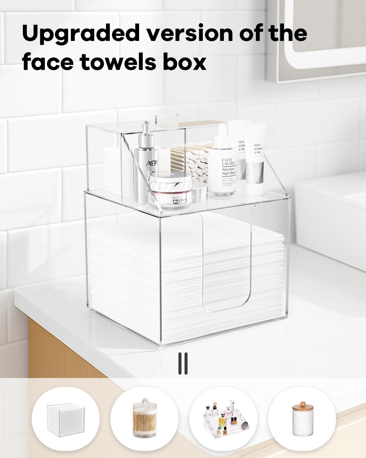 Acrylic Face Towels Holder - Premium Double Layer Design | Waterproof Cosmetic Container for Bathroom Counter | Upgraded 4-in-1 Size