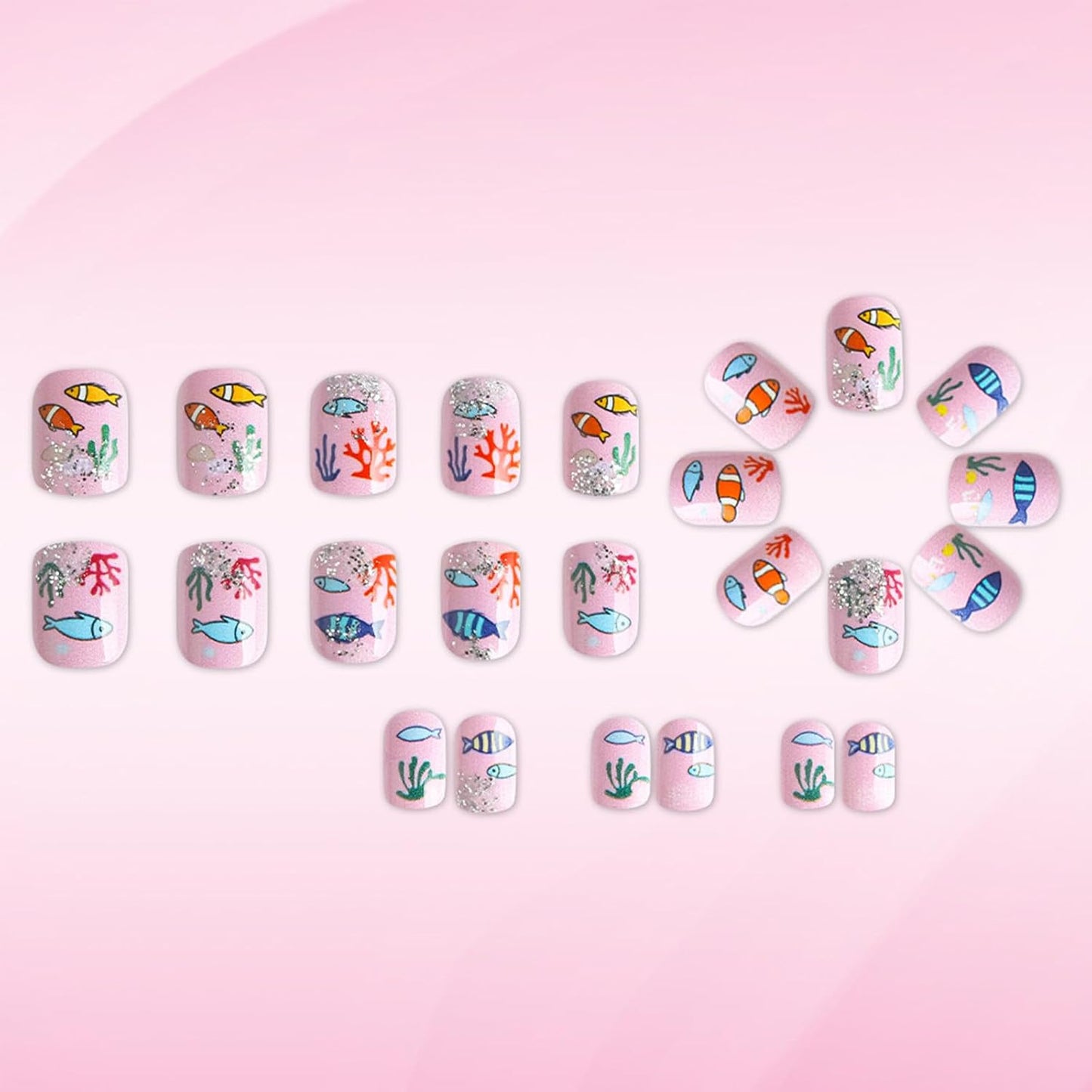 Press On Nails - Short Square Pink Fake Nails with Sea Fish Coral Designs | Glossy Glitter Reusable 24 Pcs